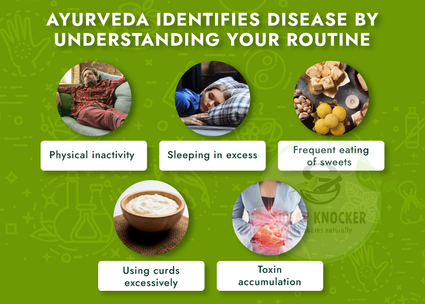 Ayurveda identifies disease through different analysis that includes imbalance in doshas and by understanding your routine. 