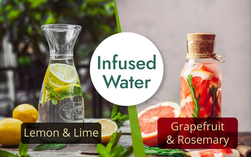 Infused water with slices of lemon and lime, refreshing and citrusy drink.
