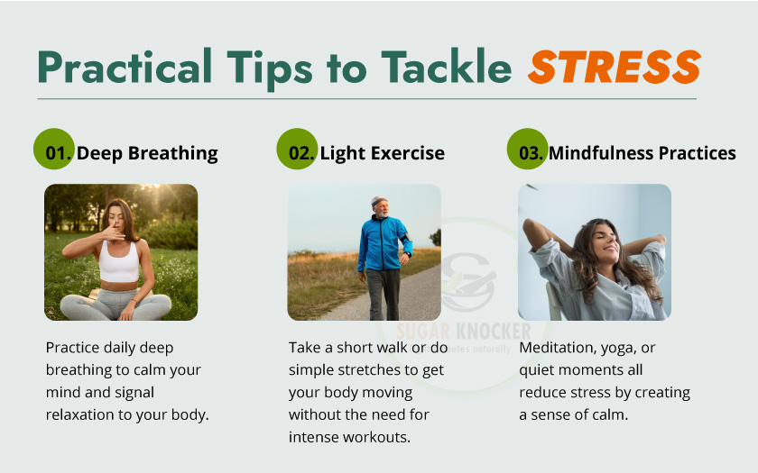 Practical stress management tips: deep breathing, exercise, meditation, time management, and self-care.