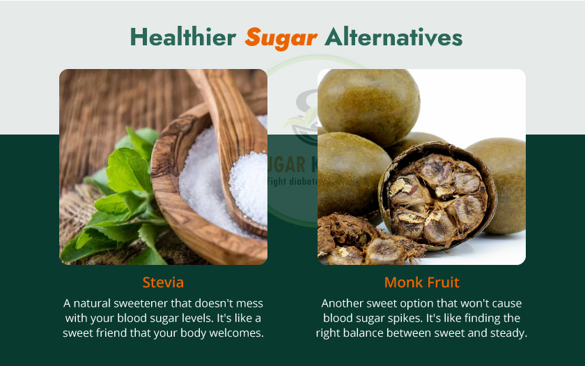 A variety of healthy sugar alternatives displayed in a colorful image.