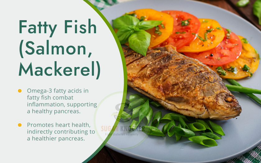 A plate of fatty fish including salmon and mackerel, rich in omega-3 fatty acids. Explains benefits of fatty fish on pancreas