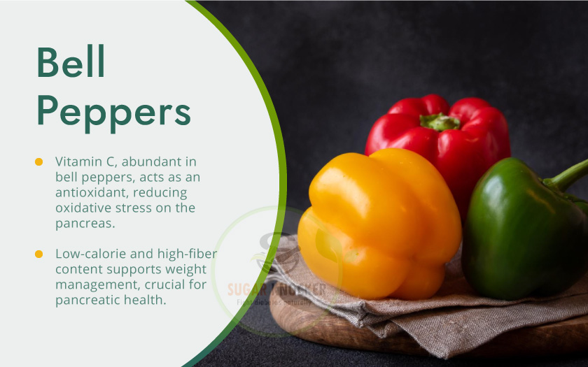 Bell peppers on a table with the words "bell peppers" written. Explains benefits of bell peppers on pancreas