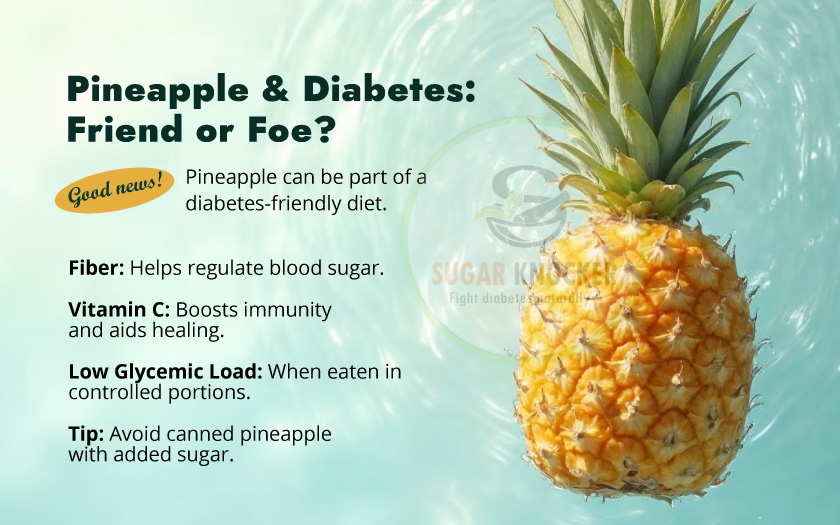 Pineapple on a table with a question about its effects on diabetes, symbolizing the debate of friend or foe.