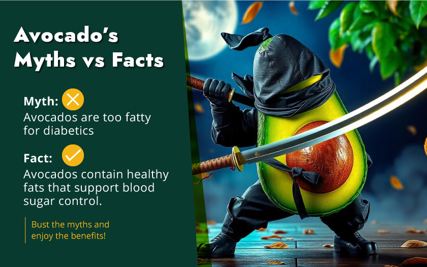A visual comparison of common avocado myths and facts, highlighting misconceptions and truths about this nutritious fruit.