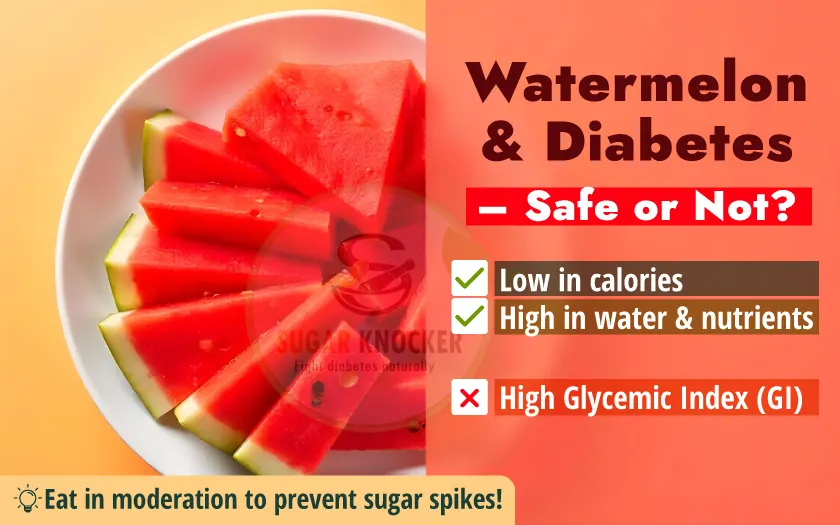 A close-up of a sliced watermelon, highlighting its vibrant red flesh and seeds, symbolizing a healthy snack option for diabetics.

