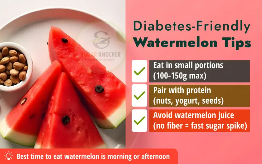 Diabetes-friendly tips for enjoying watermelon, highlighting portion control and healthy pairing suggestions.

