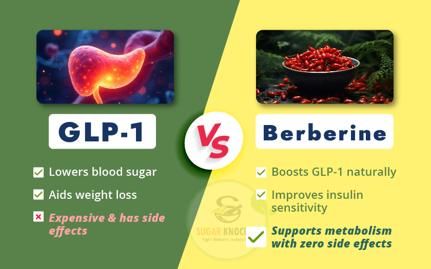 Comparison graphic illustrating GLP-1 and berberine, featured in a blog post about their effects on health.

